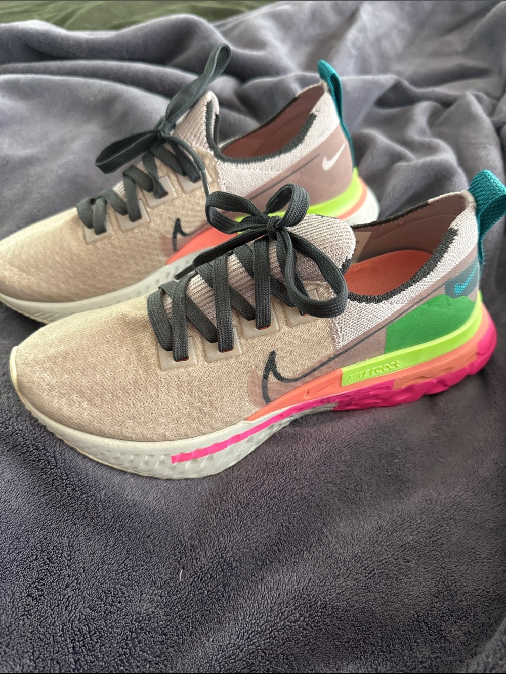 Nike Women’s Beige Knit Running Shoes with Neon Pink & Green Accents